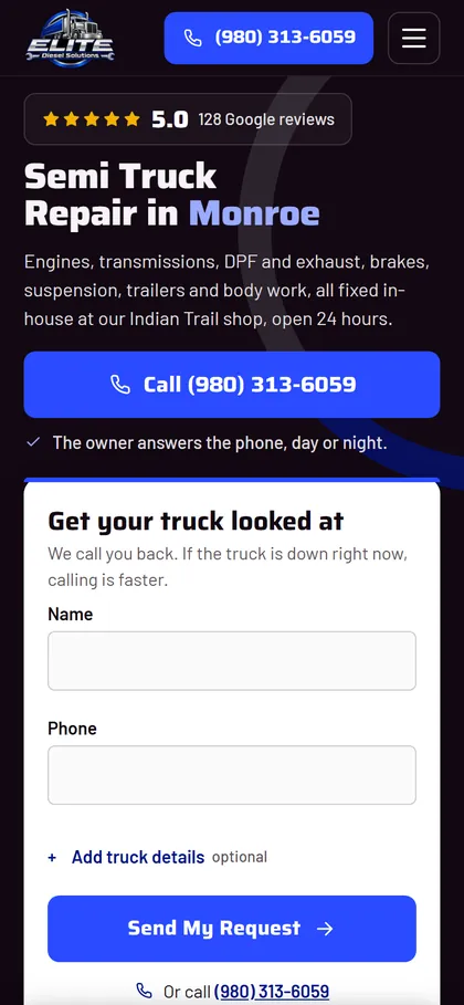 Elite Diesel Solutions's landing page on a phone