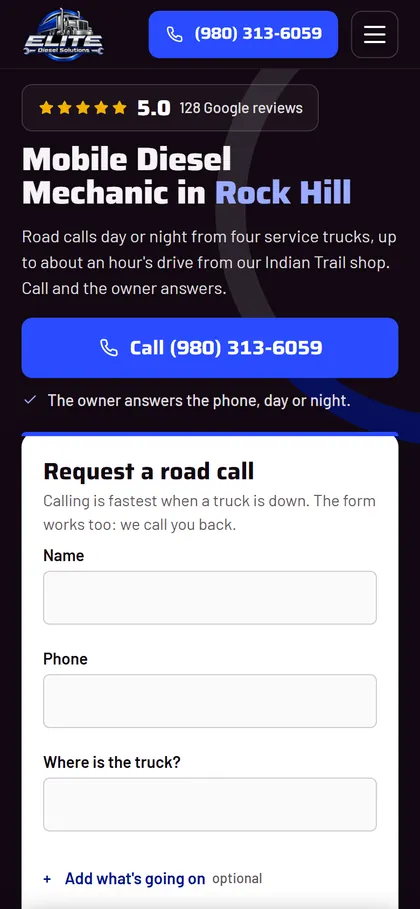Elite Diesel Solutions's landing page on a phone