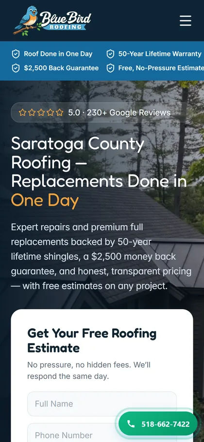 Blue Bird Roofing's landing page on a phone